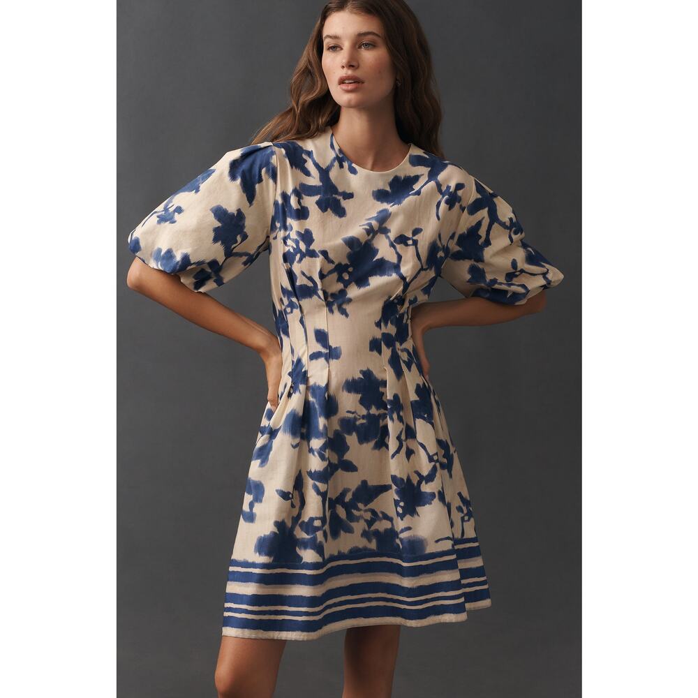Exquise Anthropologie Cream and Blue Tobie Puff Sleeve Mini Dress Size XS NWT